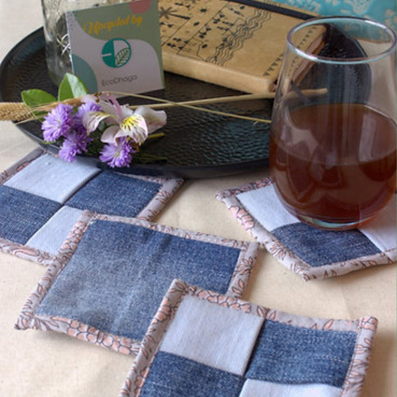Buy Upcycled Denim Coaster Set (x4)- Sky and Denim Blue | Shop Verified Sustainable Table Linens on Brown Living™