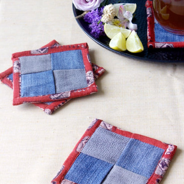 Buy Upcycled Denim Coaster Set (x4)- Textured Denim | Shop Verified Sustainable Table Linens on Brown Living™