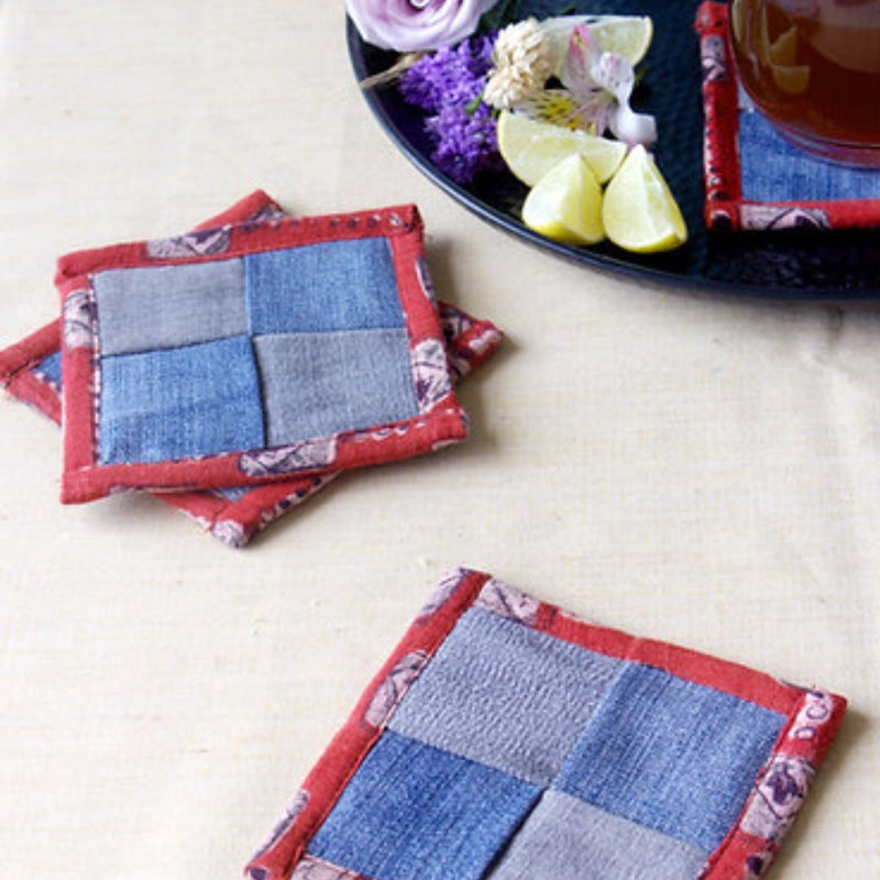 Buy Upcycled Denim Coaster Set (x4)- Textured Denim | Shop Verified Sustainable Table Linens on Brown Living™