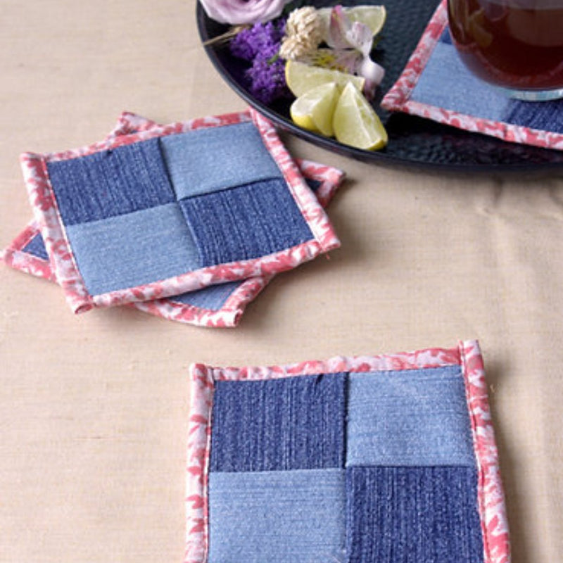 Buy Upcycled Denim Coaster Set (x4)- White Orange Piping | Shop Verified Sustainable Products on Brown Living