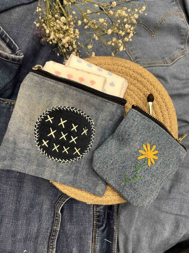 Buy Upcycled Denim Pocket and Pouch Combo | Hand Embroidered | Shop Verified Sustainable Travel Organiser on Brown Living™