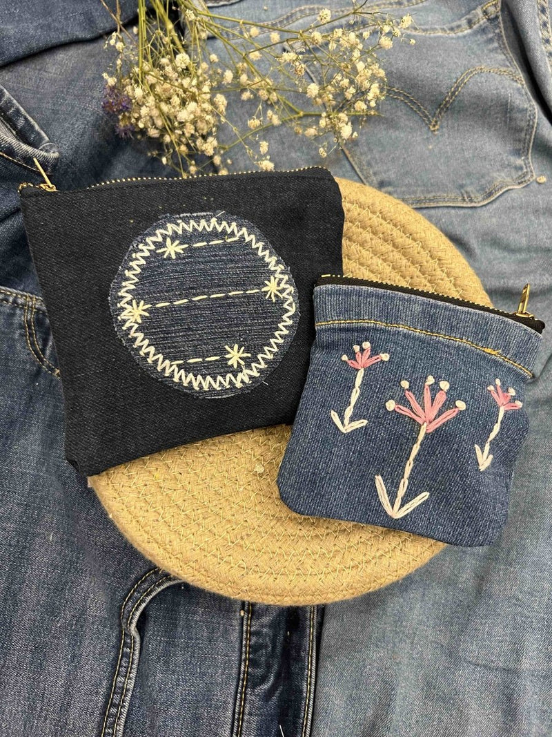 Upcycled Denim Pocket and Pouch Combo | Hand Embroidered | Verified Sustainable by Brown Living™