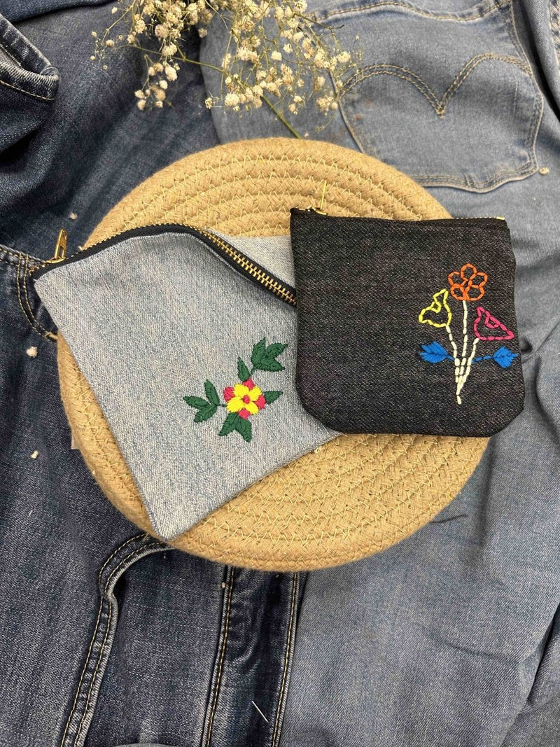 Upcycled Denim Pocket and Pouch Combo | Hand Embroidered | Verified Sustainable by Brown Living™