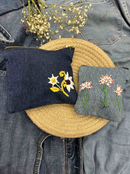 Upcycled Denim Pocket and Pouch Combo | Hand Embroidered | Verified Sustainable by Brown Living™