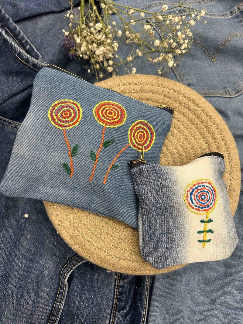 Buy Upcycled Denim Pocket and Pouch Combo | Hand Embroidered | Shop Verified Sustainable Travel Organiser on Brown Living™