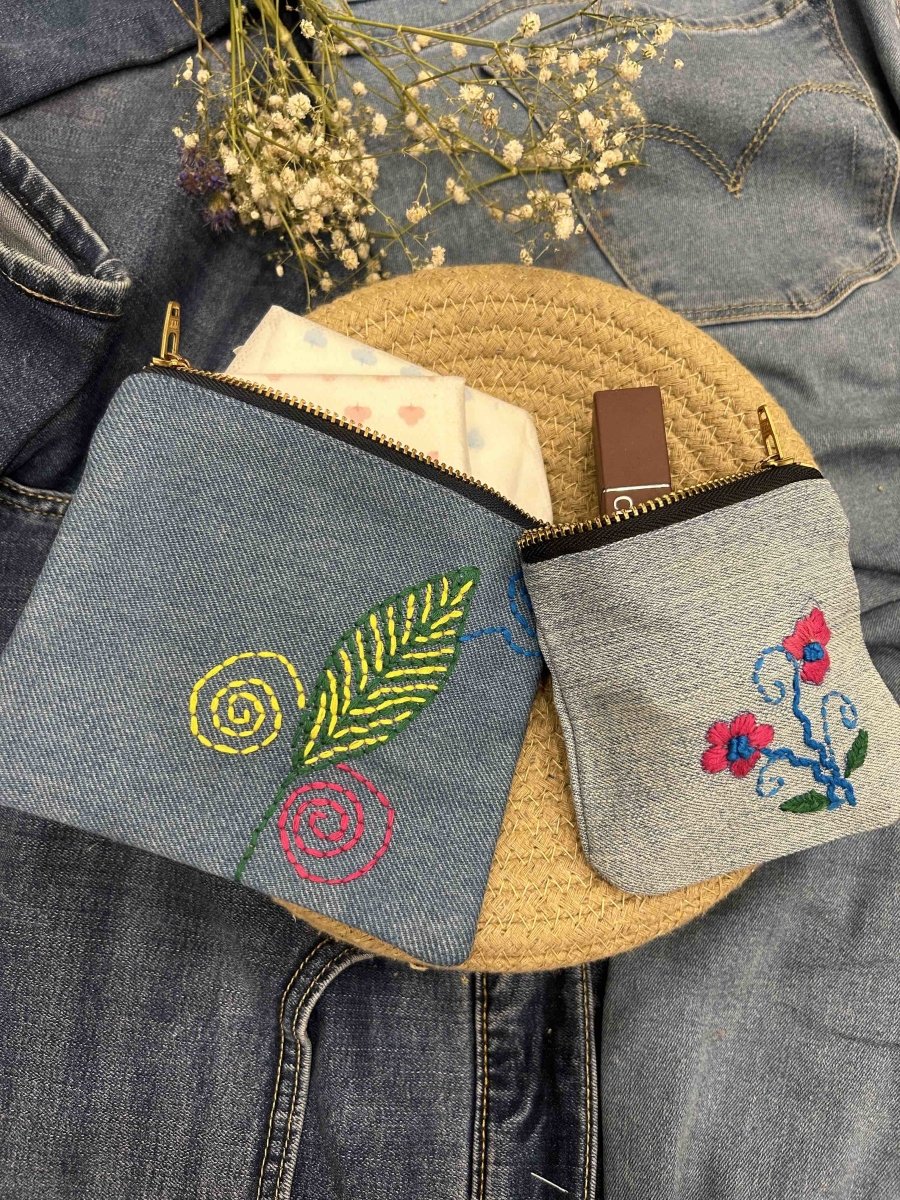 Upcycled Denim Pocket and Pouch Combo | Hand Embroidered | Verified Sustainable by Brown Living™