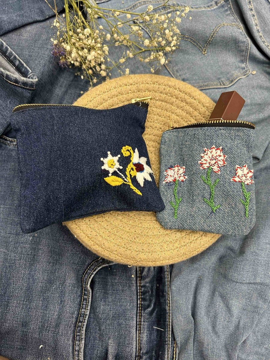 Upcycled Denim Pocket and Pouch Combo | Hand Embroidered | Verified Sustainable by Brown Living™