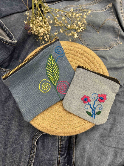 Upcycled Denim Pocket and Pouch Combo | Hand Embroidered | Verified Sustainable by Brown Living™