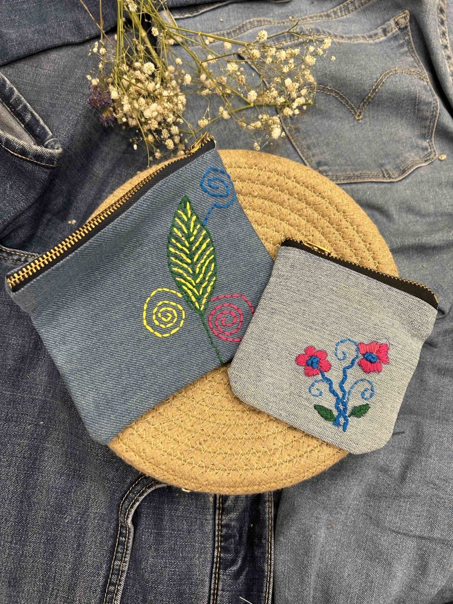 Upcycled Denim Pocket and Pouch Combo | Hand Embroidered | Verified Sustainable by Brown Living™