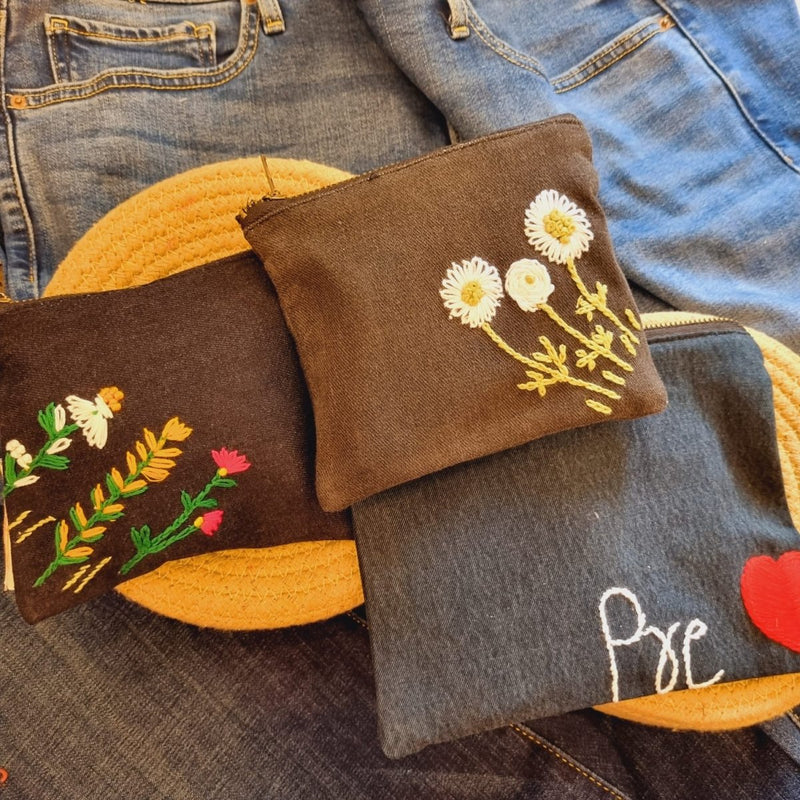 Upcycled Denim Pocket and Tote Combo | Hand Embroidered Set of 3 | Verified Sustainable by Brown Living™