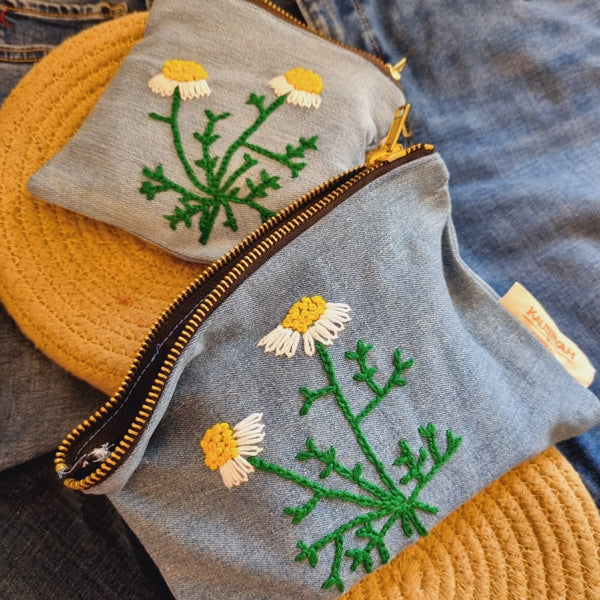 Buy Upcycled Denim Pocket and Tote Combo | Hand Embroidered | Shop Verified Sustainable Travel Organiser on Brown Living™