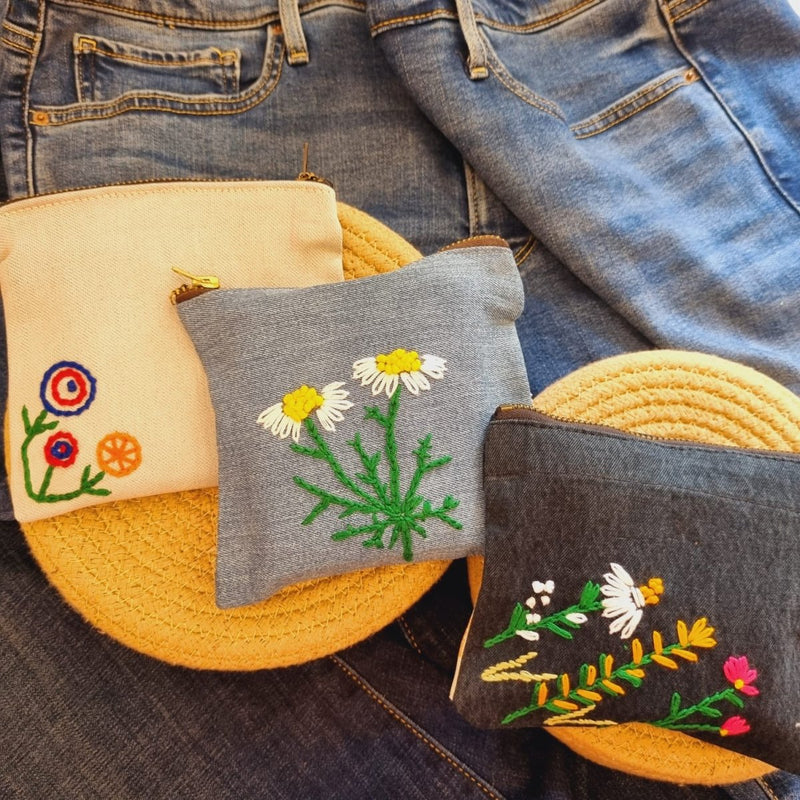 Buy Upcycled Denim Pocket | Hand Embroidered Set of 3 | Shop Verified Sustainable Products on Brown Living
