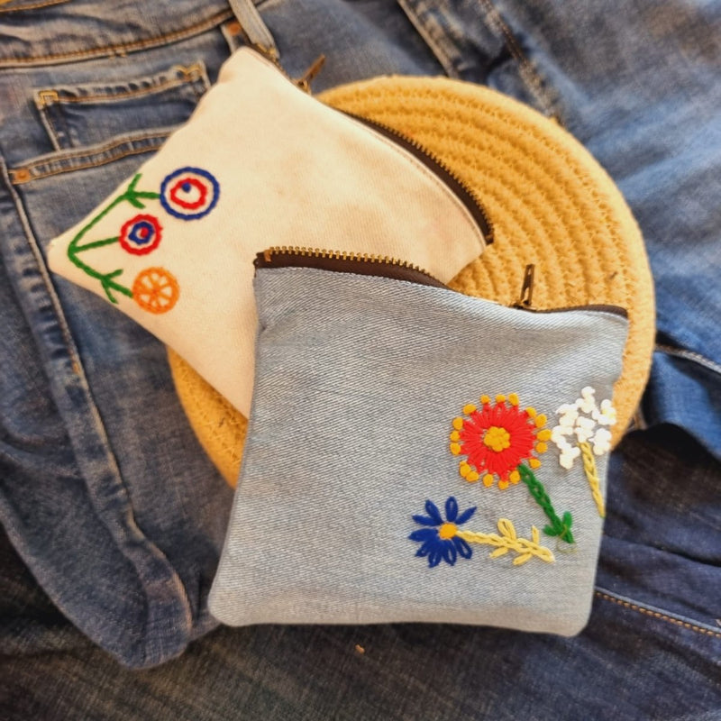 Buy Upcycled Denim Pockets Combo | Set of 2 | Hand Embroidered | Shop Verified Sustainable Reusable Bag on Brown Living™