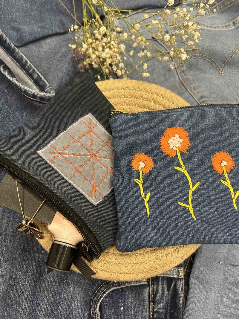 Buy Upcycled Denim Pouch Combo | Set of 2 | Hand Embroidered | Shop Verified Sustainable Gift Bags on Brown Living™