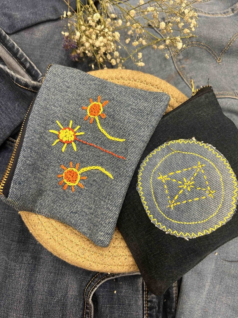 Buy Upcycled Denim Pouch Combo | Set of 2 | Hand Embroidered | Shop Verified Sustainable Travel Organiser on Brown Living™