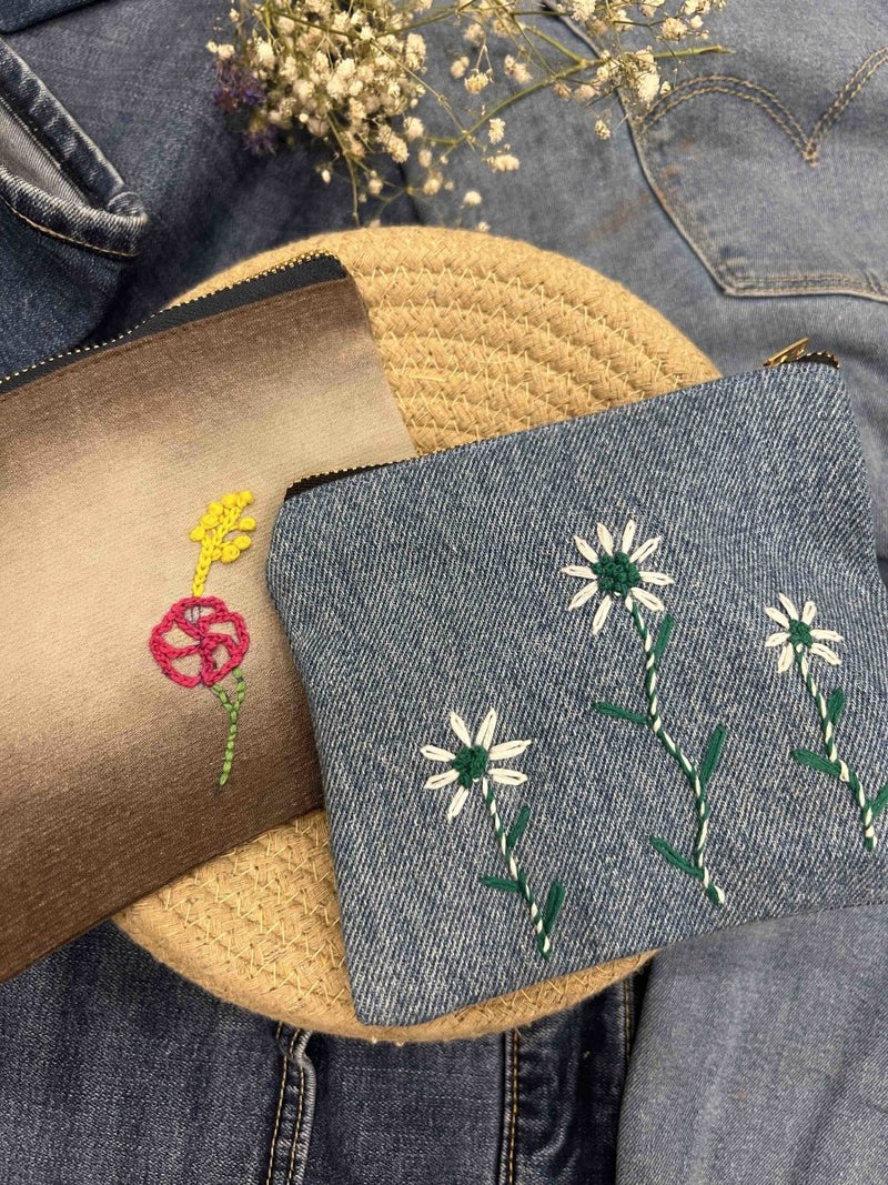 Buy Upcycled Denim Pouch Combo | Set of 2 | Hand Embroidered | Shop Verified Sustainable Travel Organiser on Brown Living™