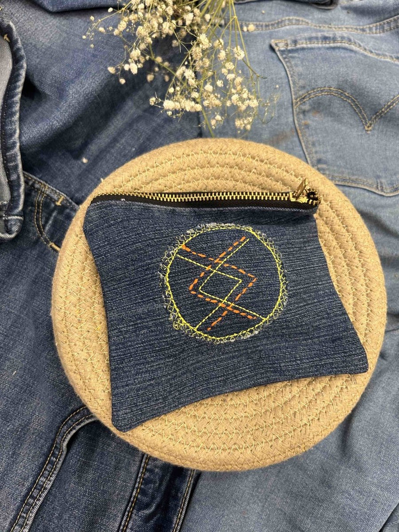 Buy Upcycled Denim Pouch | Hand Embroidered | Shop Verified Sustainable Travel Organiser on Brown Living™