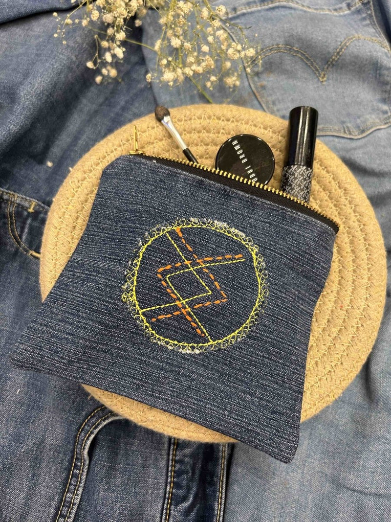 Buy Upcycled Denim Pouch | Hand Embroidered | Shop Verified Sustainable Travel Organiser on Brown Living™