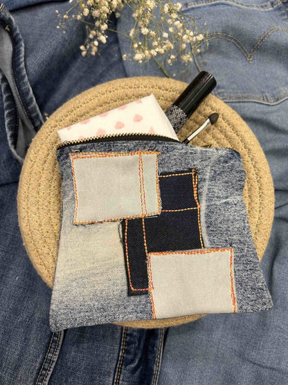 Upcycled Denim Pouch with Floral Emroidery | Verified Sustainable by Brown Living™