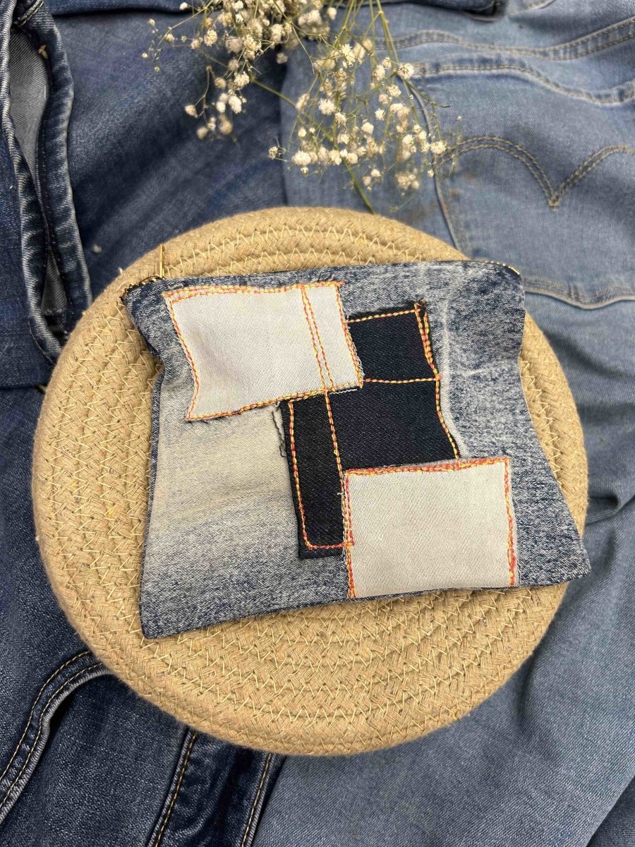 Upcycled Denim Pouch with Floral Emroidery | Verified Sustainable by Brown Living™