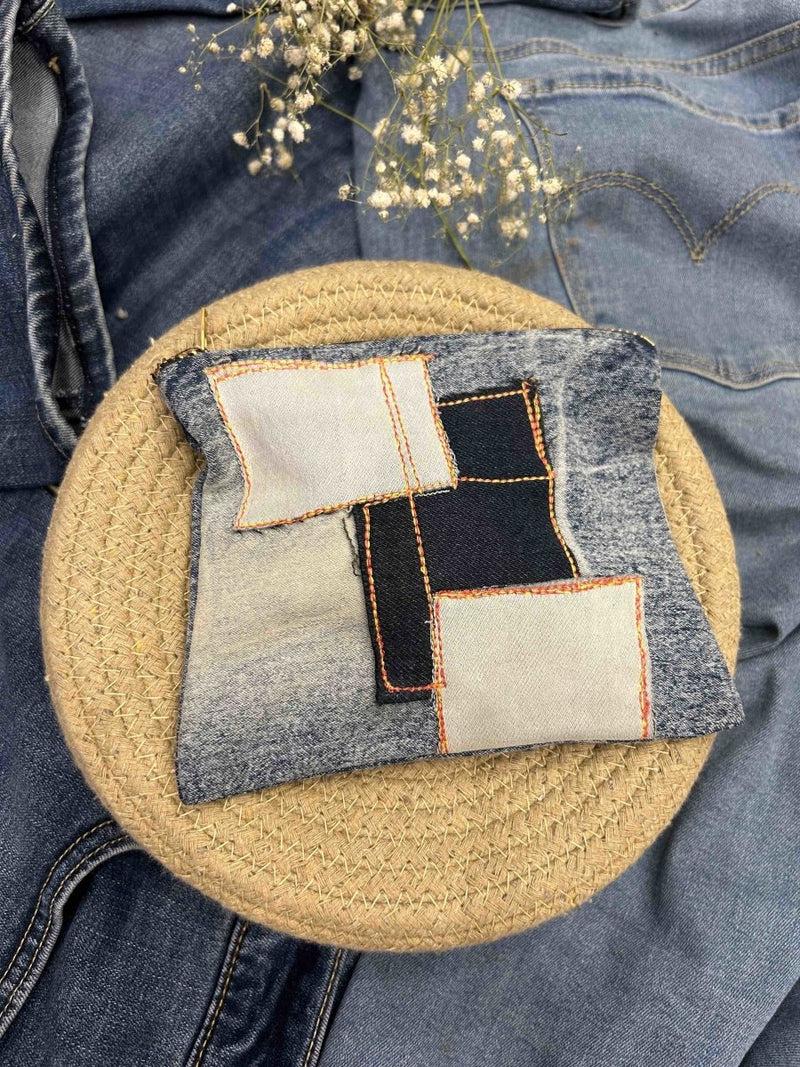 Buy Upcycled Denim Pouch with Floral Emroidery | Shop Verified Sustainable Travel Organiser on Brown Living™