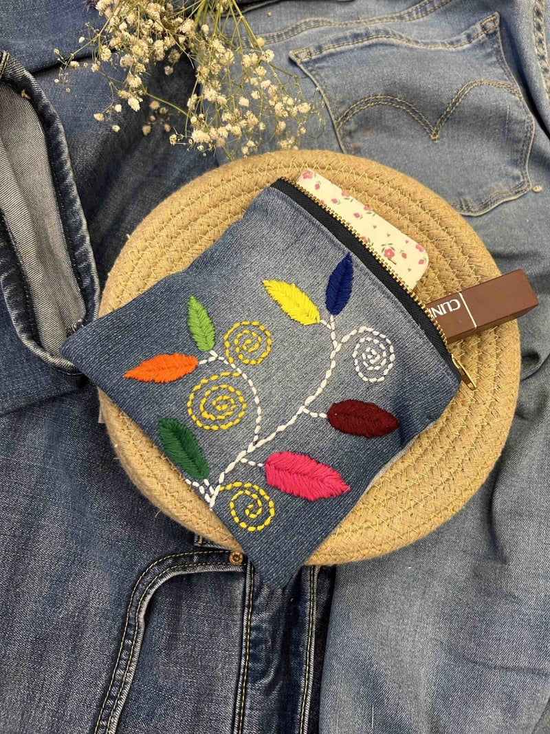 Upcycled Denim Pouch with Hand Embroidery | Verified Sustainable by Brown Living™