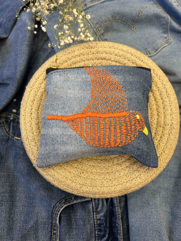 Buy Upcycled Denim Pouch with Hand Embroidery | Shop Verified Sustainable Travel Organiser on Brown Living™
