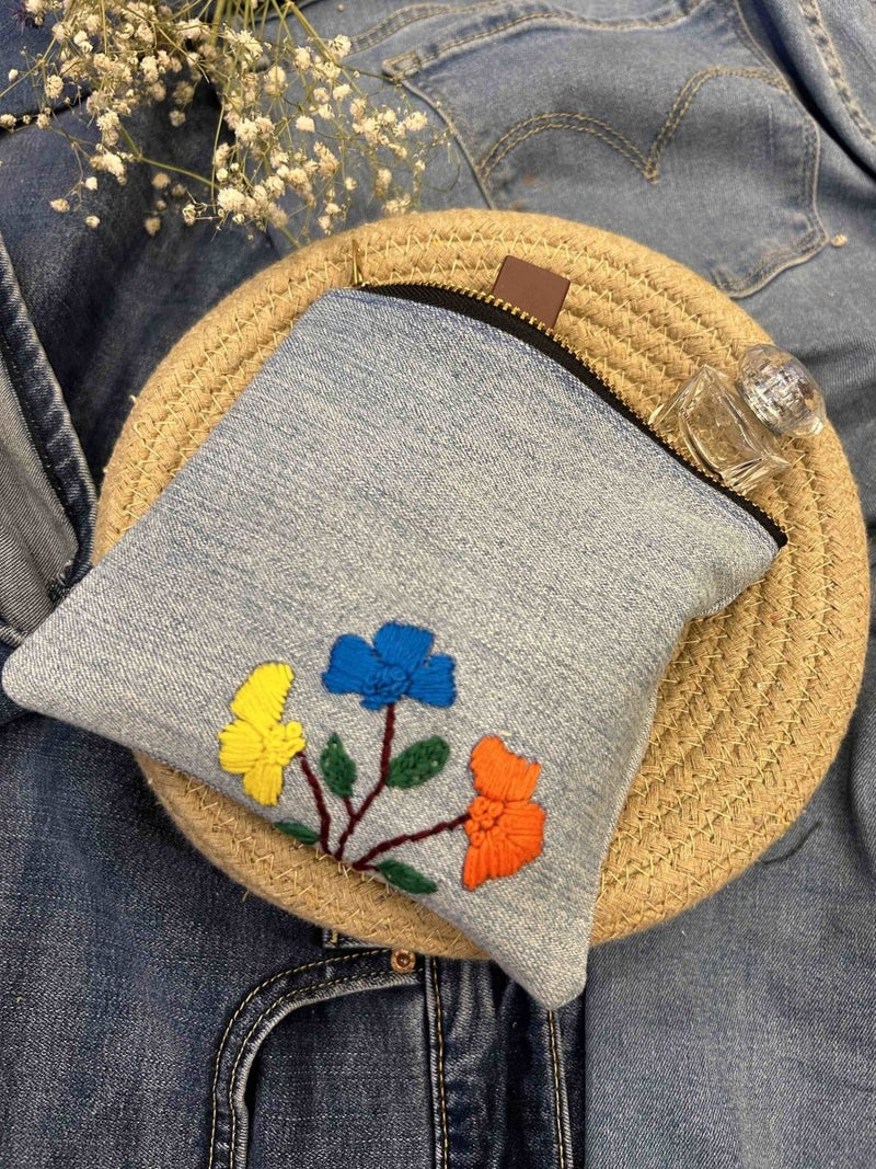 Buy Upcycled Denim Pouch with Hand Embroidery | Shop Verified Sustainable Travel Organiser on Brown Living™