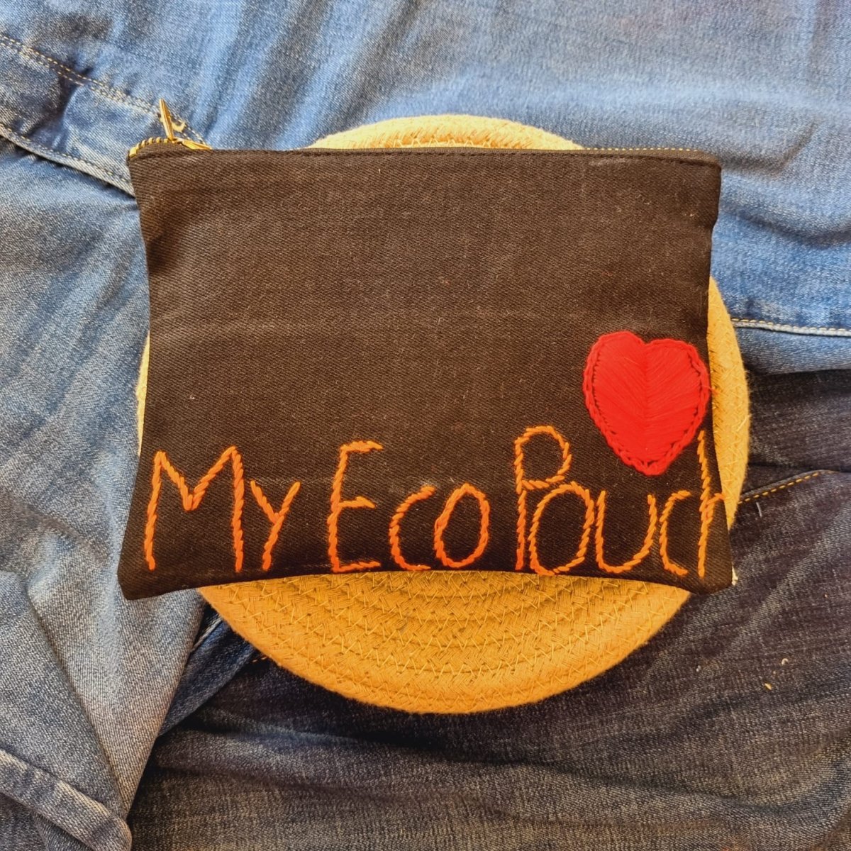 Upcycled Denim Tote Pouch with Hand Embroidery | Verified Sustainable by Brown Living™