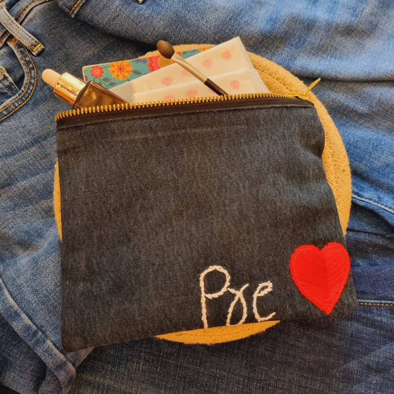 Buy Upcycled Denim Tote Pouch with Hand Embroidery | Shop Verified Sustainable Travel Organiser on Brown Living™