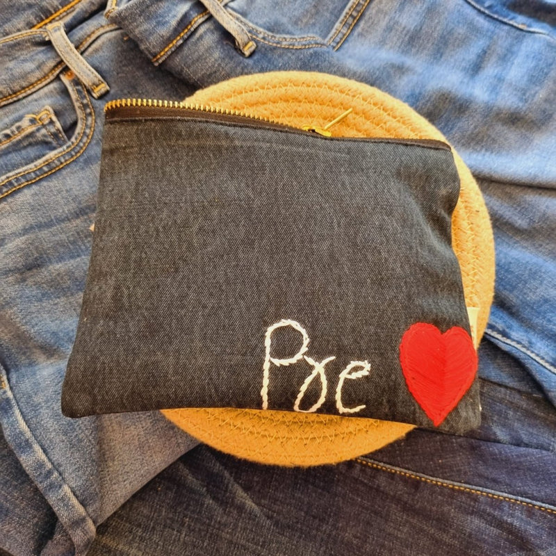Buy Upcycled Denim Tote Pouch with Hand Embroidery | Shop Verified Sustainable Travel Organiser on Brown Living™