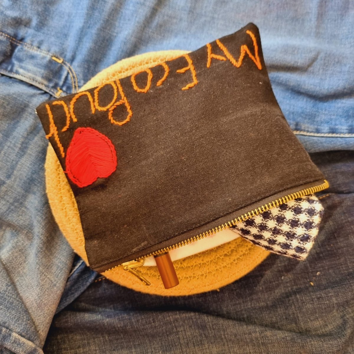 Upcycled Denim Tote Pouch with Hand Embroidery | Verified Sustainable by Brown Living™