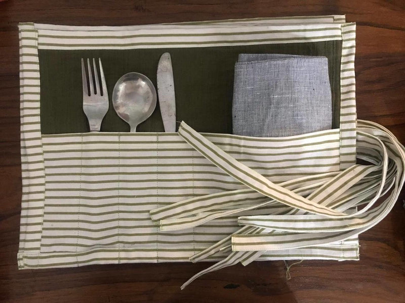 Buy Upcycled Green and White Stripes Cutlery Holder | Shop Verified Sustainable Cutlery Kit on Brown Living™
