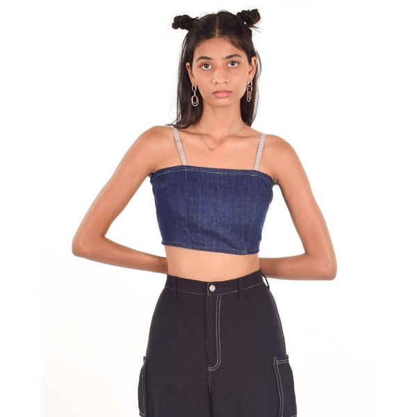 Buy Upcycled Khadi Denim Crop Top - Dark Blue | Shop Verified Sustainable Products on Brown Living