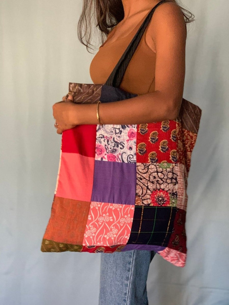Buy Upcycled Multi colour Patchwork Black Handle Tote Bag | Shop Verified Sustainable Products on Brown Living