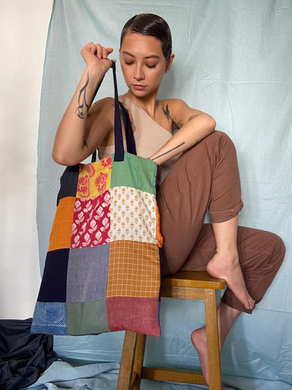 Buy Upcycled Patchwork Tote Bag With Black Handle | Shop Verified Sustainable Tote Bag on Brown Living™