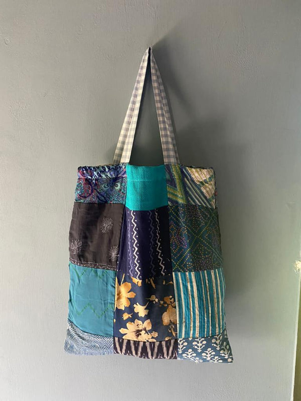 Buy Upcycled Patchwork Tote Bag With Blue Handle | Shop Verified Sustainable Tote Bag on Brown Living™