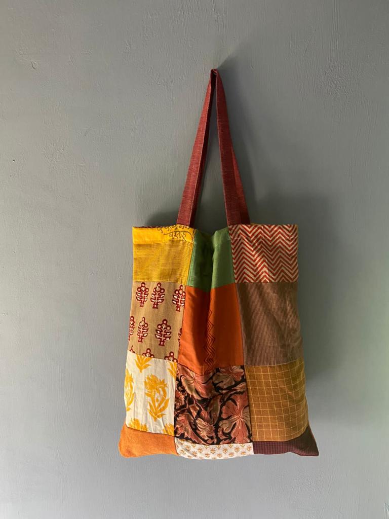 Buy Upcycled Patchwork Tote Bag With brown handle | Shop Verified Sustainable Tote Bag on Brown Living™