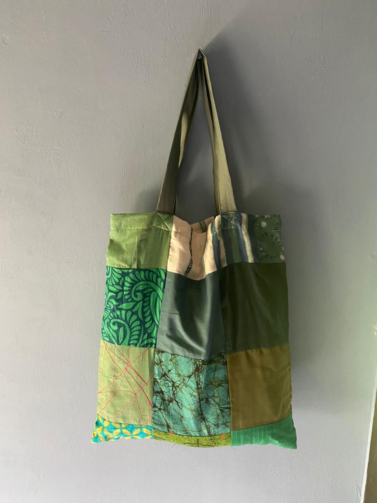 Buy Upcycled Patchwork Tote Bag With Green Handle | Shop Verified Sustainable Tote Bag on Brown Living™