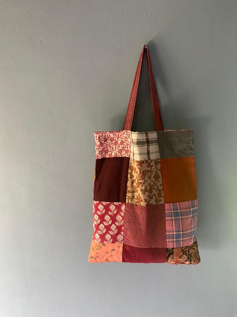 Buy Upcycled Patchwork Tote Bag With Orange Handle | Shop Verified Sustainable Tote Bag on Brown Living™