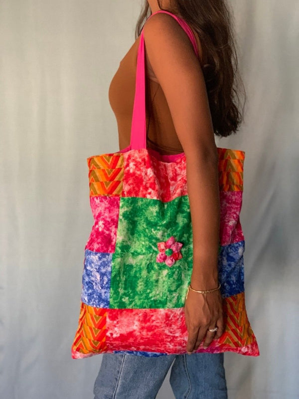 Buy Upcycled Patchwork Tote Bag With Pink Handle | Shop Verified Sustainable Tote Bag on Brown Living™