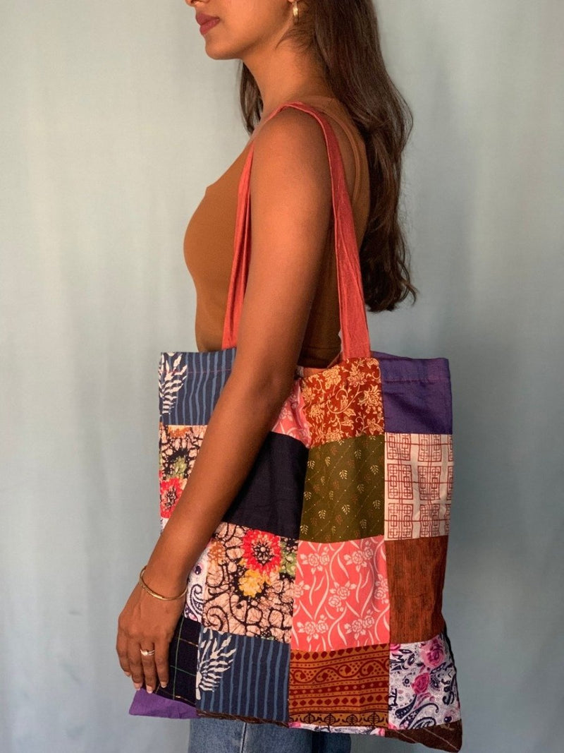 Buy Upcycled Patchwork Tote Bag With Rust Handle | Shop Verified Sustainable Tote Bag on Brown Living™