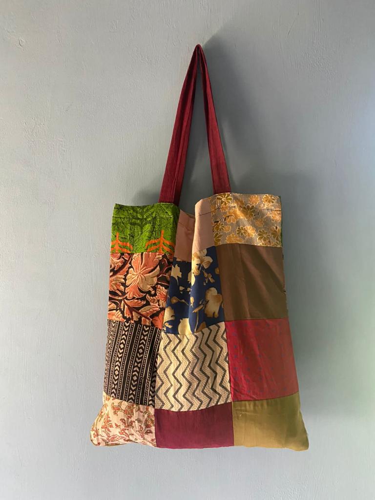 Buy Upcycled Patchwork Tote Bag With rust Handle | Shop Verified Sustainable Tote Bag on Brown Living™