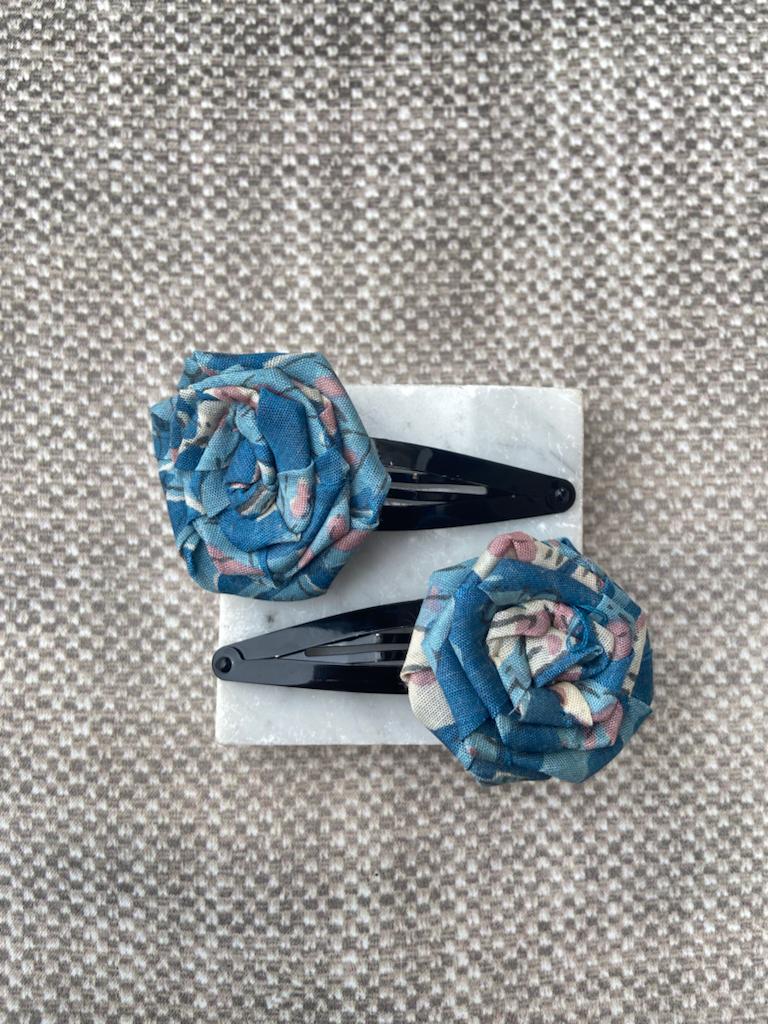 Buy Upcycled Printed Blue Rose flower clip Set | Shop Verified Sustainable Hair Styling on Brown Living™