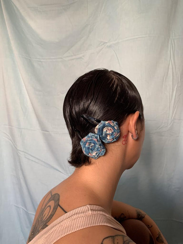 Buy Upcycled Printed Blue Rose flower clip Set | Shop Verified Sustainable Hair Styling on Brown Living™
