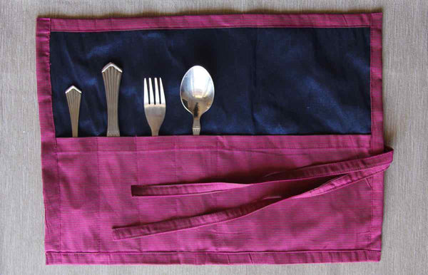 Buy Upcycled Red and Grey Stripe Cutlery Holder | Shop Verified Sustainable Cutlery Kit on Brown Living™