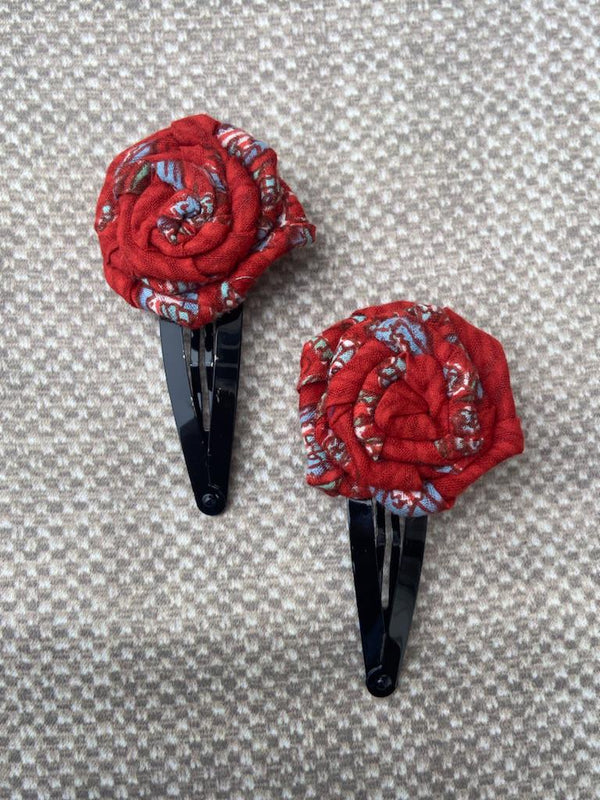 Buy Upcycled Red printed Rose flower clip Set | Shop Verified Sustainable Hair Styling on Brown Living™