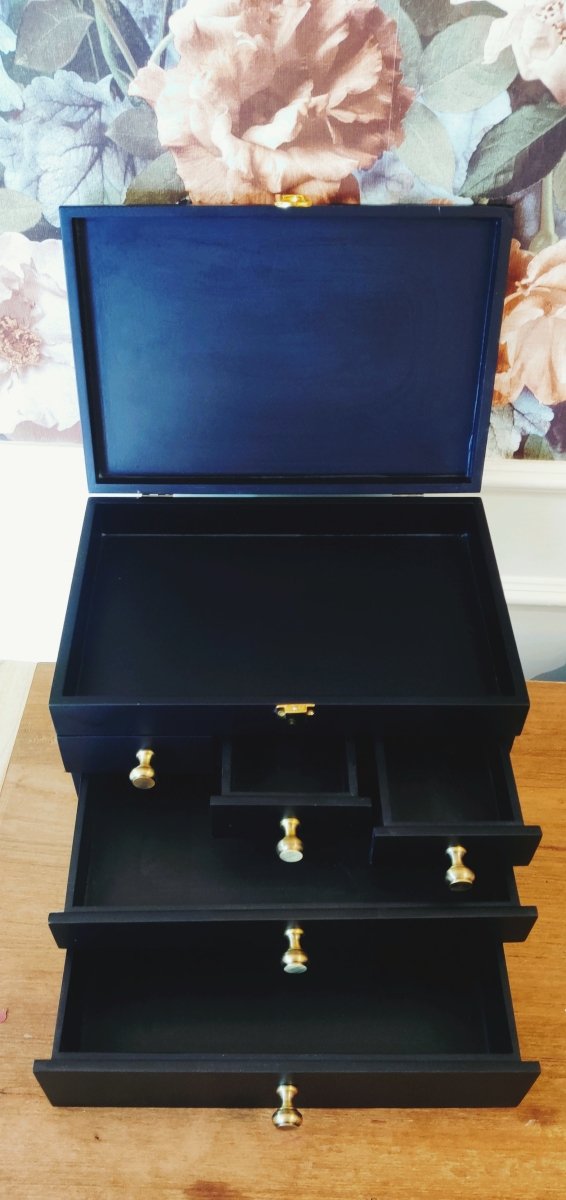 Vintage Wooden Cosmetic/Stationary Closed Organizer Drawers - Black | Verified Sustainable by Brown Living™