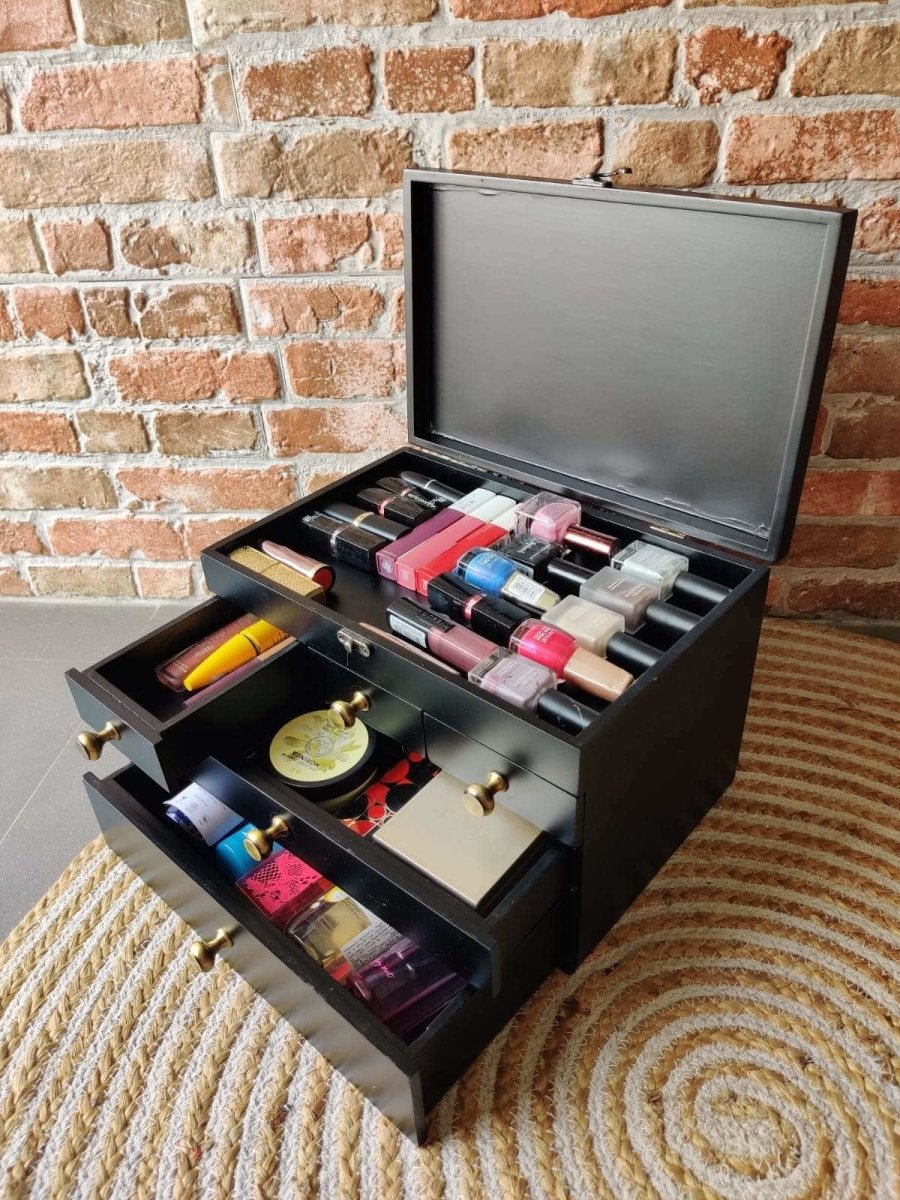 Vintage Wooden Cosmetic/Stationary Closed Organizer Drawers - Black | Verified Sustainable by Brown Living™