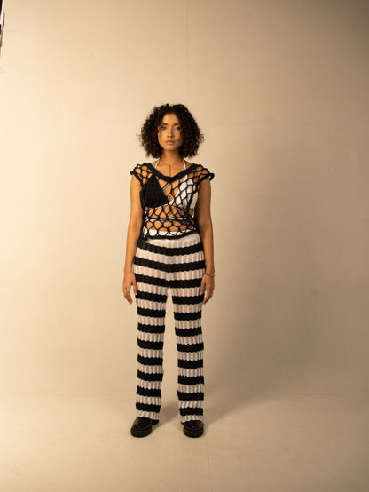 Vitoria Pants - Hand knitted | Straight Pants | White & Blue | Verified Sustainable by Brown Living™